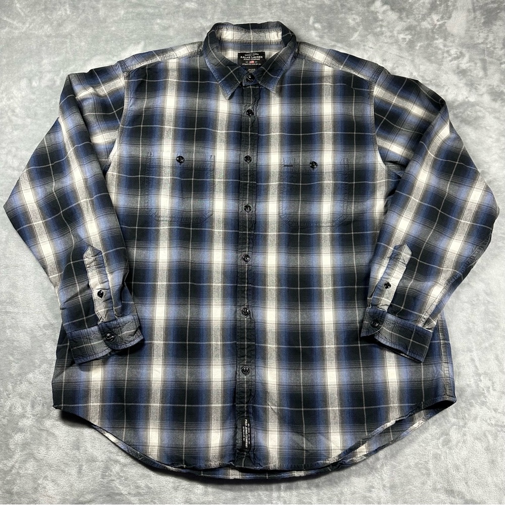Ralph Lauren Polo Jeans Co Men's XXL Plaid Button Down Shirt Blue Gray Cotton